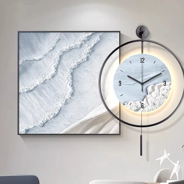 奶油风餐厅装饰画带钟表挂画抽象海浪肌理画饭厅墙面时钟客厅壁画