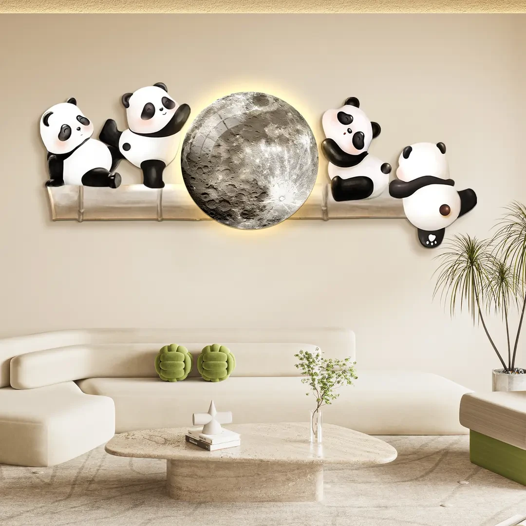 现代奶油风客厅沙发装饰画熊猫灯画电视机背景新款墙壁画餐厅卧室