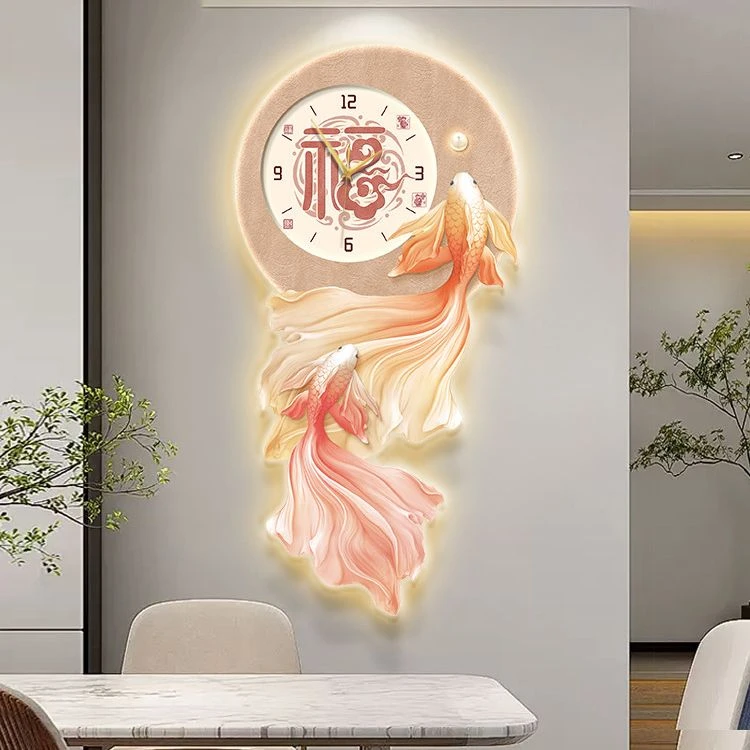 锦鲤客厅挂钟现代简约餐厅钟表挂画轻奢高级感家庭墙壁时钟装饰画