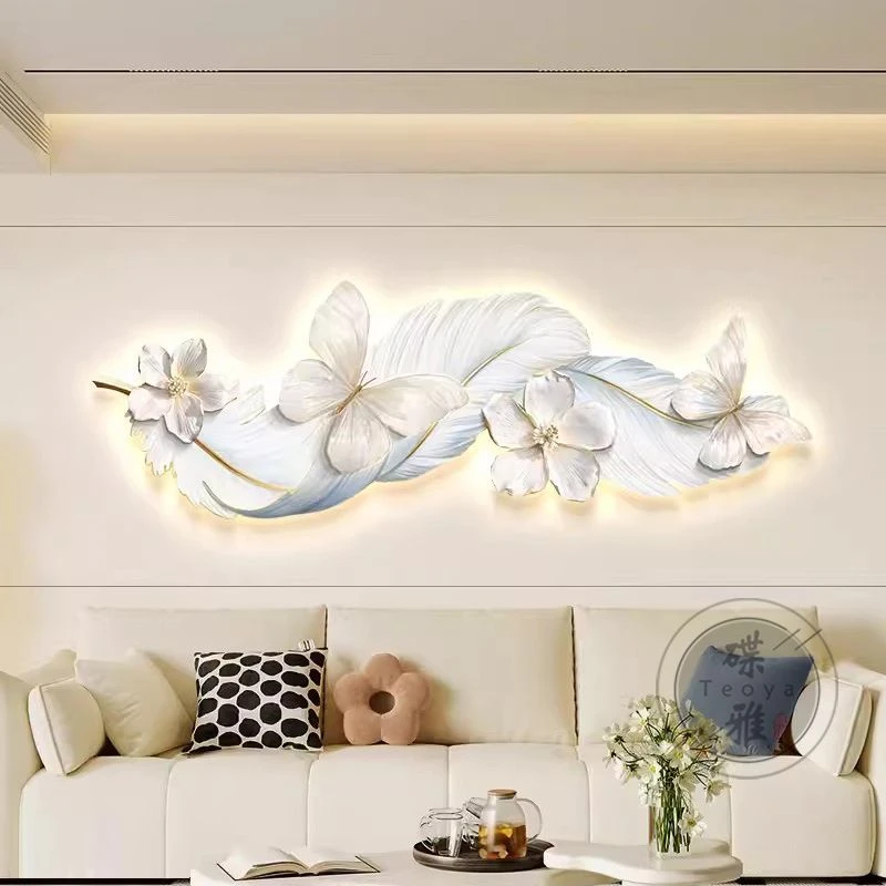 奶油风轻奢客厅装饰画羽毛沙发背景墙抽象挂画床头高级感发光灯画