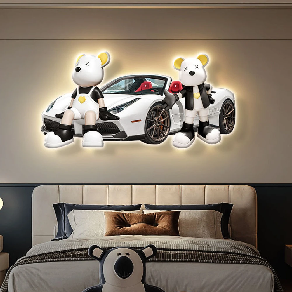 主卧室床头装饰画男孩儿童房间带灯挂画奶油风跑车客厅壁画