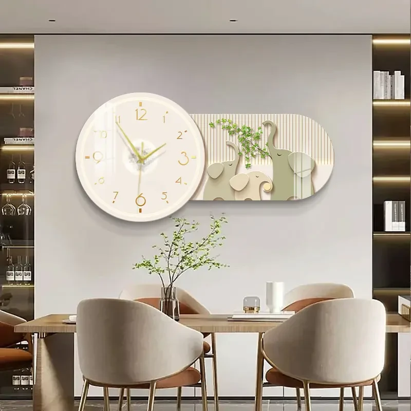 现代简约餐厅挂钟灯光装饰画高档大象寓意好客厅钟表挂画墙壁时钟