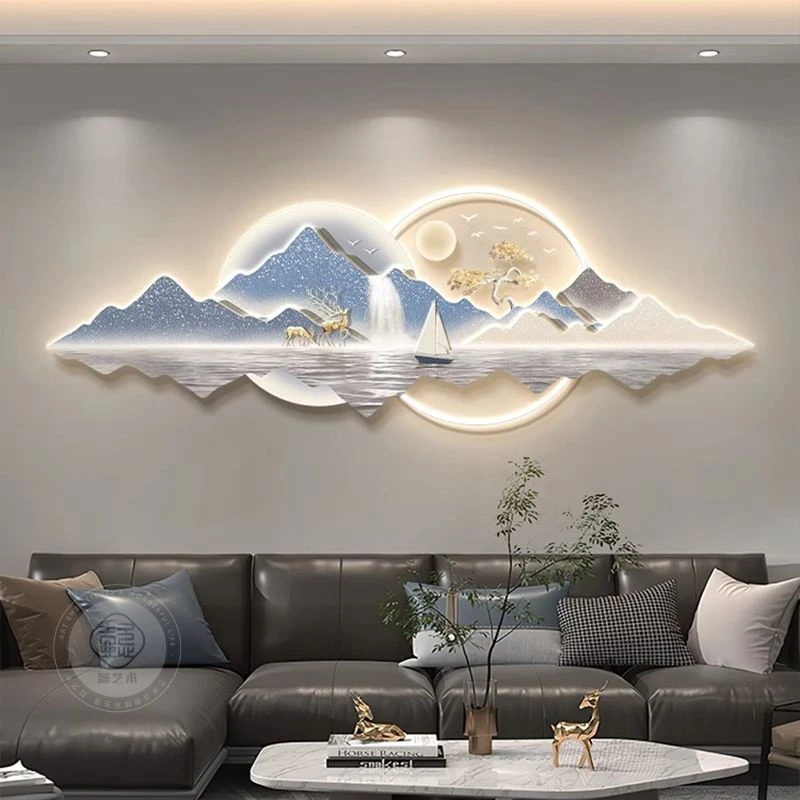 现代轻奢山水画客厅挂画背有靠山沙发背景墙装饰画高级感墙壁灯画
