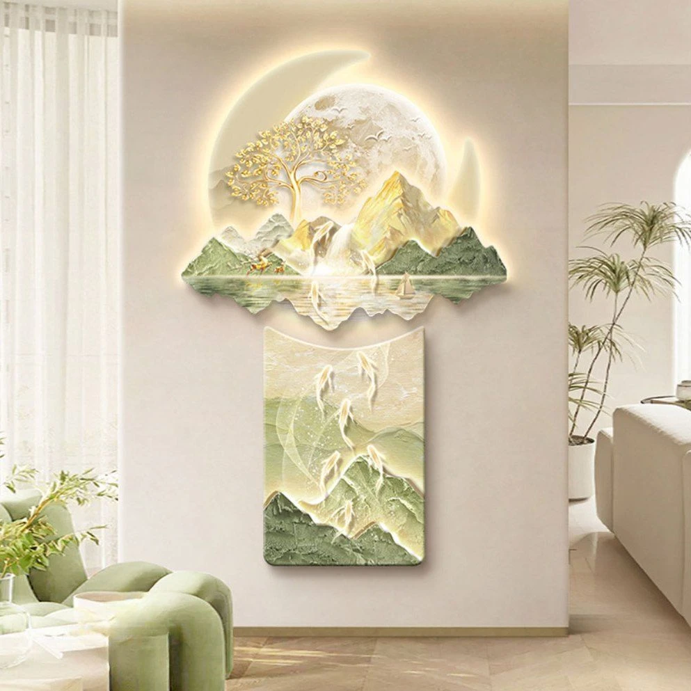 日照金山玄关画装饰画奶油风走廊尽头挂画高级肌理感背景墙壁灯画