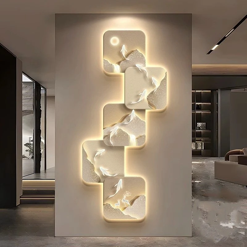 轻奢抽象玄关装饰画客厅入户门九鱼图高级壁灯画走廊过道金山挂画