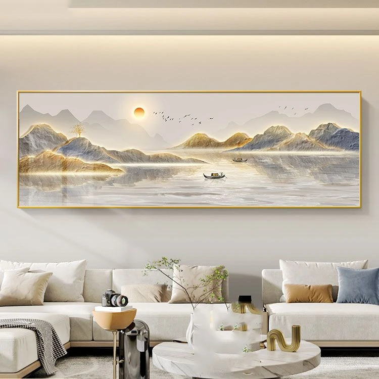 现代轻奢客厅装饰画横幅旭日东升壁画山水画寓意好沙发背景墙挂画
