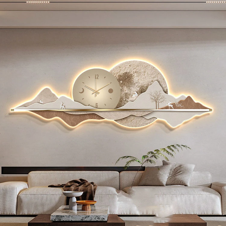 侘寂风沙发背景墙装饰画背有靠山led灯钟表高档现代简约客厅挂画