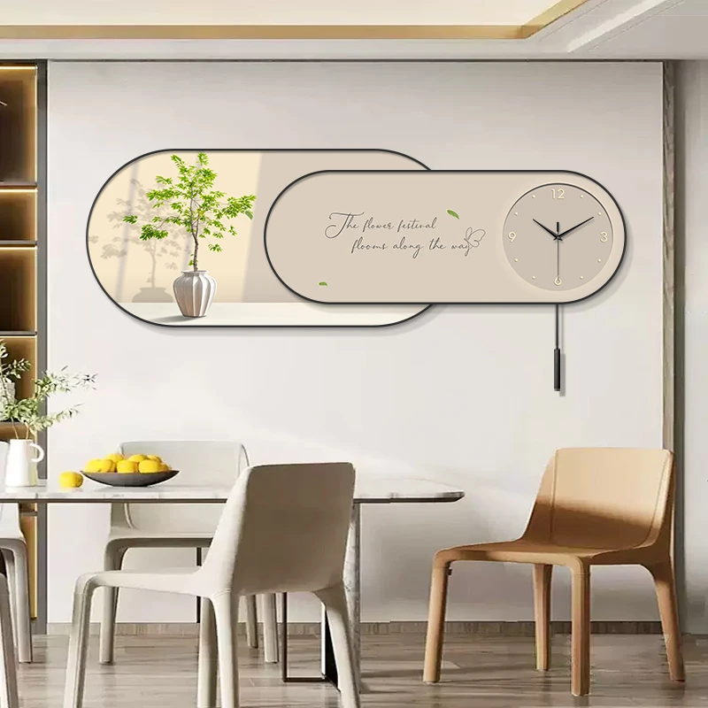 奶油风餐厅装饰画钟表挂钟客厅2024款高档北欧绿植创意时钟免打孔