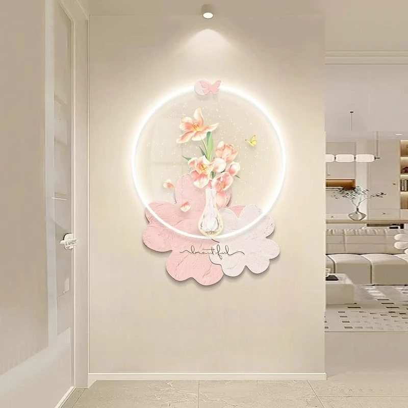 奶油风玄关装饰画花卉led氛围灯画客厅背景墙壁画高级感走廊挂画