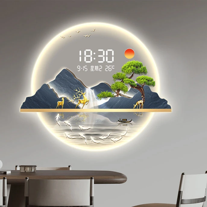 圆形迎客松发光电子钟表挂画挂钟餐厅玄关装饰画LED高档灯光时钟