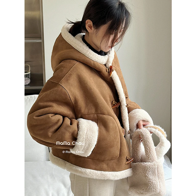 MAMACHAU【现货-山浮晚月】连帽皮毛一体磨砂绒外套女冬牛角扣棉衣