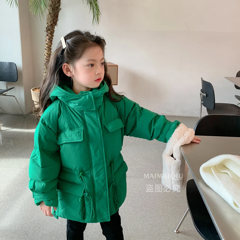 【现货】90白鸭绒女童设计个性收缩外套加厚保暖羽绒服连帽