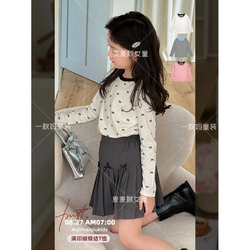 麦麦秋【满印蝴蝶结T恤+柔软舒适温柔百搭+初秋穿搭】女童秋季上