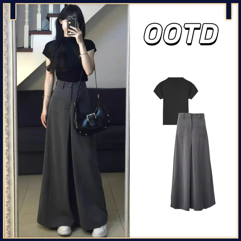 套装女2025夏季新款纯欲风气质短袖上衣高腰显瘦西装阔腿裤两件套