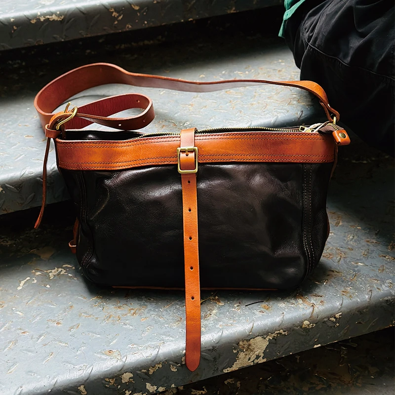 【38*29*21*12】头层牛皮单肩包复古软牛皮大容量斜挎包