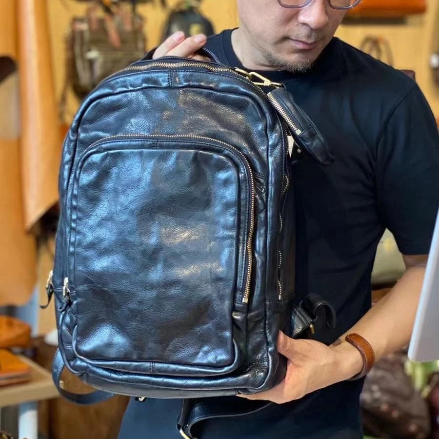 MOZE【38*28*16】1.4男士双肩包真皮旅行牛皮质感手工通勤包复古