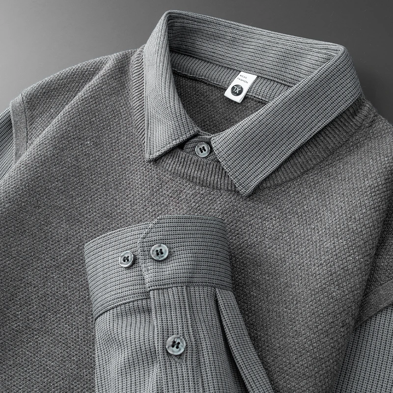 高端新款拼接长袖假两件针织衫毛衣男士2023秋冬季衬衫领加厚保暖