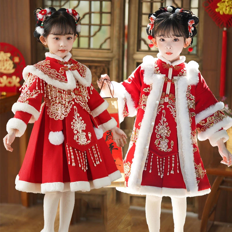拜年服女童唐装2026新款加绒冬季套装中国风儿童新年服连衣裙汉服