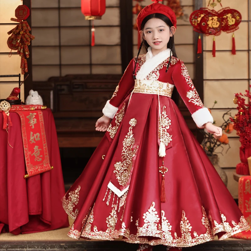女童冬季唐装拜年服2025新款汉服儿童中国风连衣裙女宝喜庆新年服