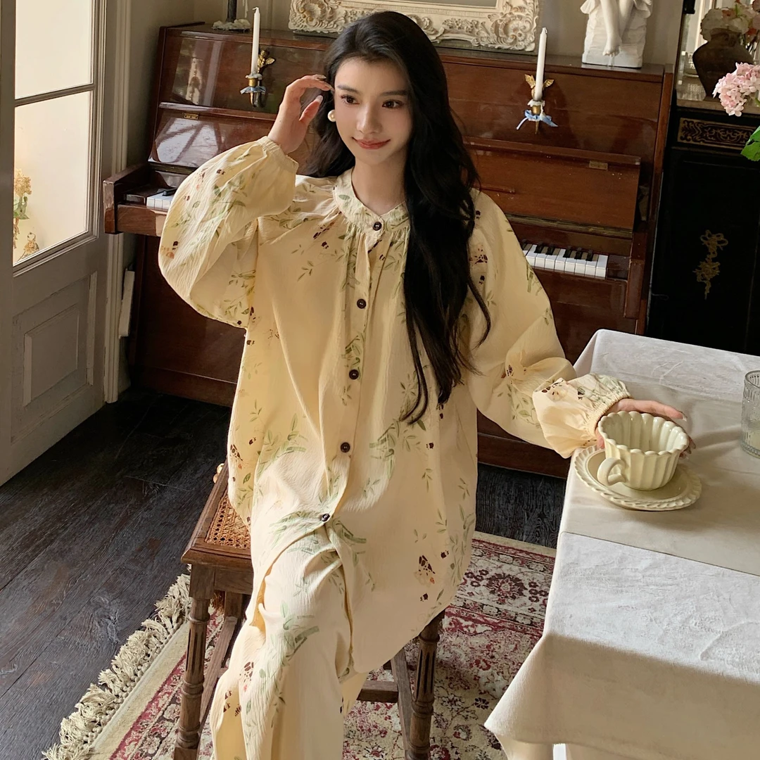 2024年新款睡衣女夏季绵纱长袖春秋季家居服大码法式家居服套装