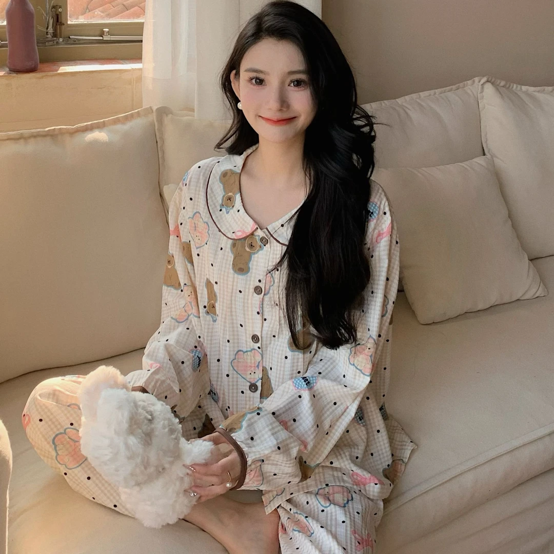 2024新款睡衣格子高级感甜美可爱春秋款长袖长裤可外穿家居服套装