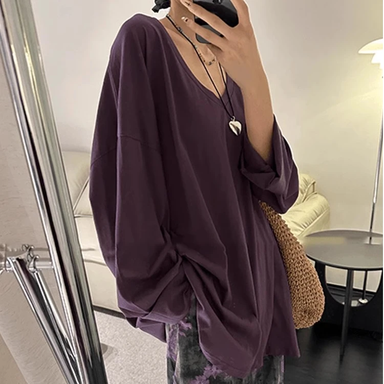 男友风宽松大版长袖T恤女夏季新款韩系v领气质纯色慵懒简约上衣潮