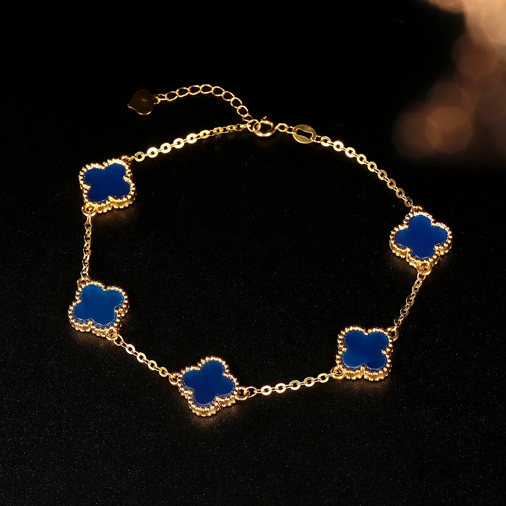 【小凤专属】18k金玛瑙克莱因蓝10/13/15mm四叶草五花手链