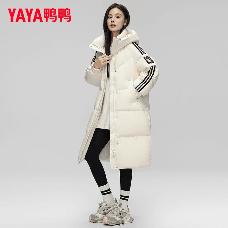 鸭鸭冬季长款羽绒服女情侣装韩版过膝男女同款保暖外套潮-HCE
