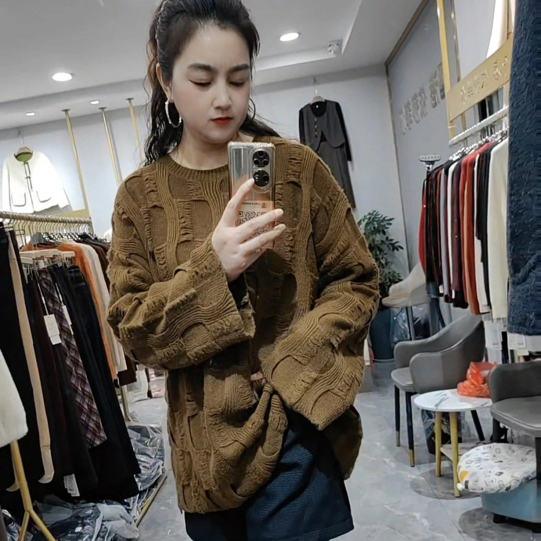 秋季简约韩版圆领宽松针织毛衣慵懒风长袖上衣遮肉大码胖妹