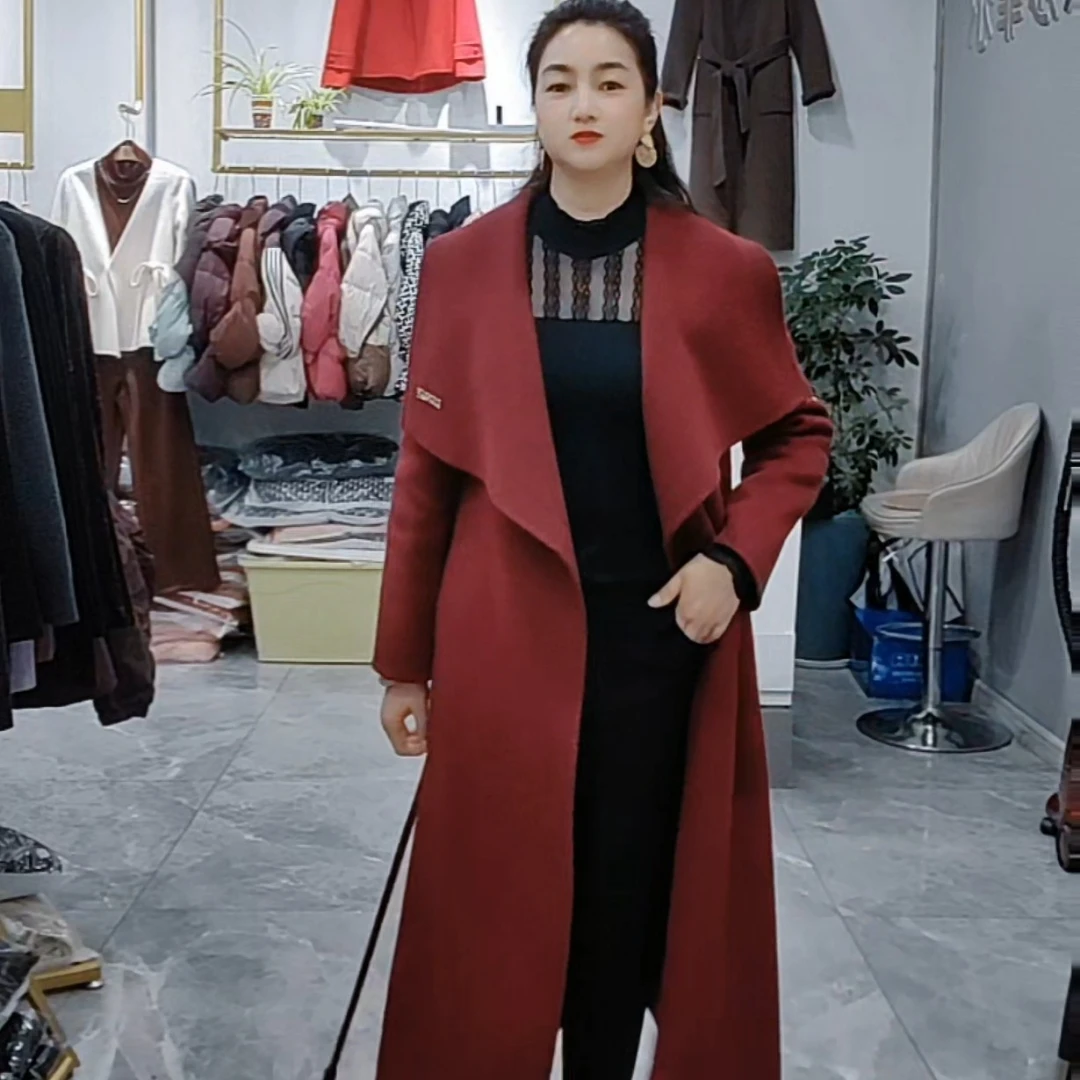 秋冬羊绒双面呢大衣长款大翻领气质毛呢外套澳洲羊毛大衣