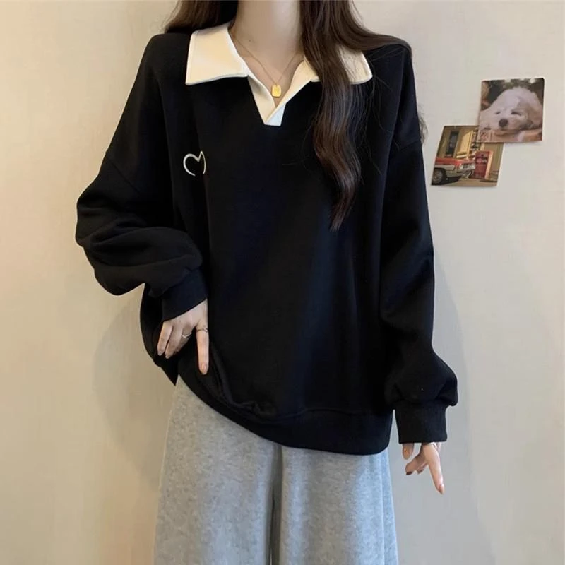 MM大码女装撞色polo领T恤秋季胖mm显瘦宽松设计感慵懒风外套上衣