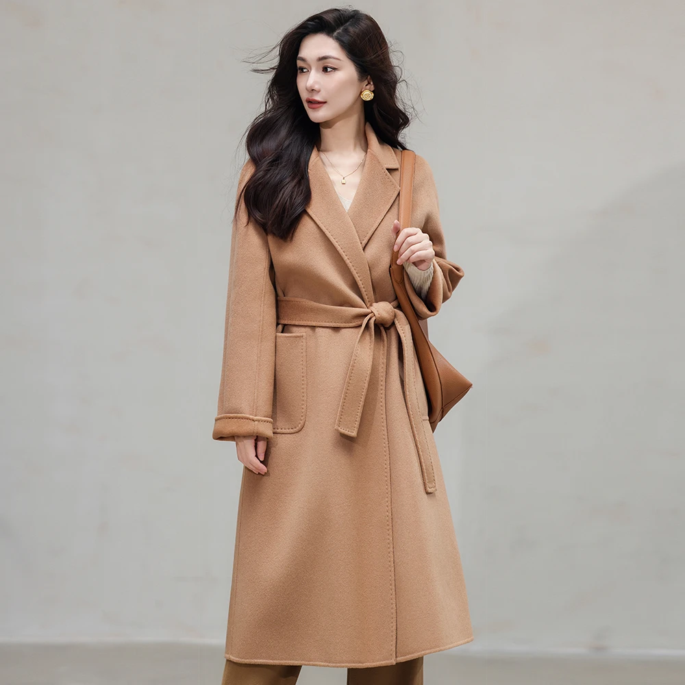 悦戎浴袍款双面羊绒大衣女中长款时尚系带羊毛呢外套双面呢大衣