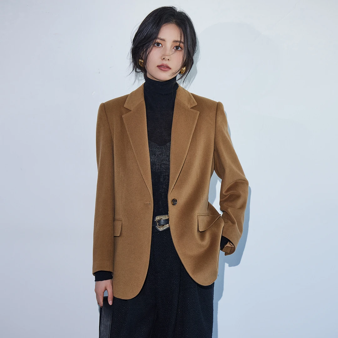 悦戎2024春季新款羊绒小西装一粒扣气质女士时尚休闲毛呢外套