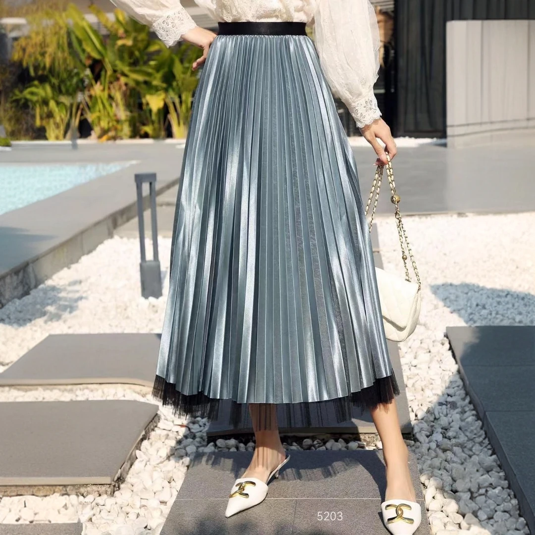 5203两面穿气质百褶裙网纱裙高腰显瘦时尚百搭宽松垂感大摆中长款