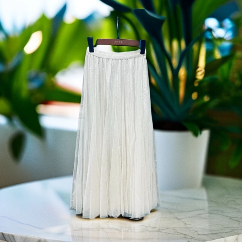 5218网纱半身裙中长款拼接网纱裙纱裙半裙蕾丝显瘦气质白色高腰