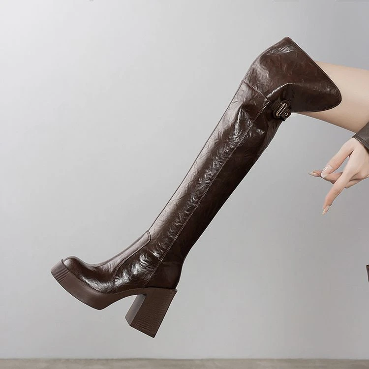 真皮厚底防水台过膝靴粗跟高跟长靴女两穿侧拉链长筒靴子女