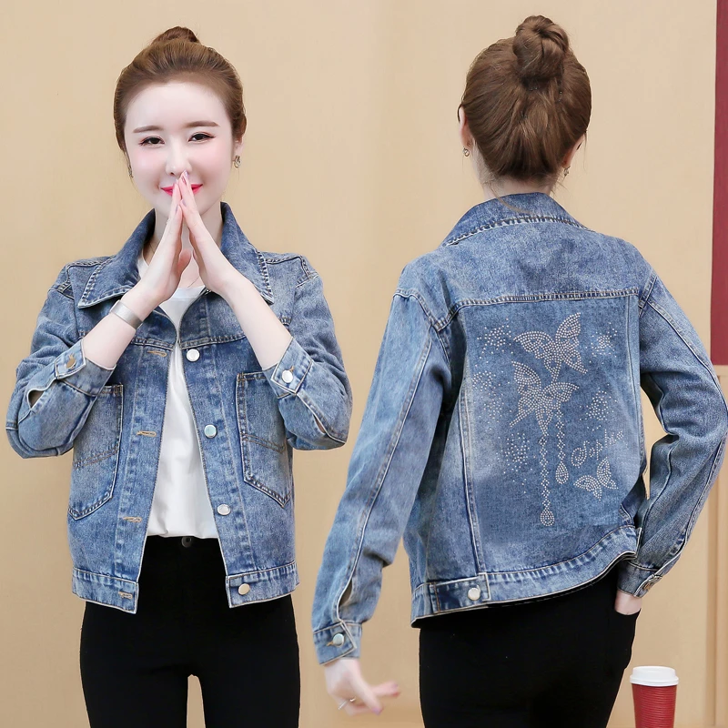 春秋季新款韩版时尚烫钻短款牛仔外套女宽松百搭港味ins夹克上衣