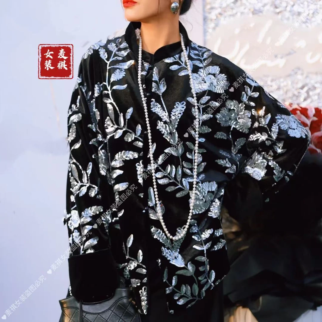 《福光》夹棉加厚新中式复古刺绣亮片宽松遮肉重工仙气秋冬外套女