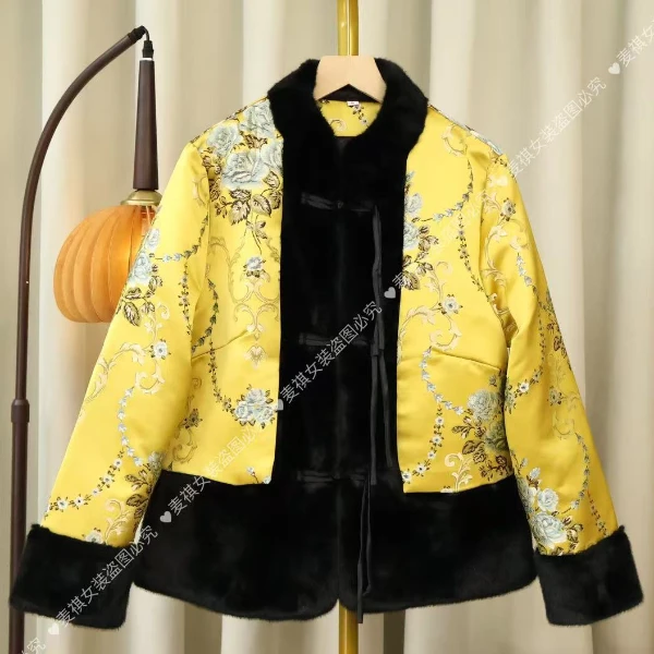 《江南风华》加棉加厚新中式拼接毛毛立领提花复古国风冬季外套女