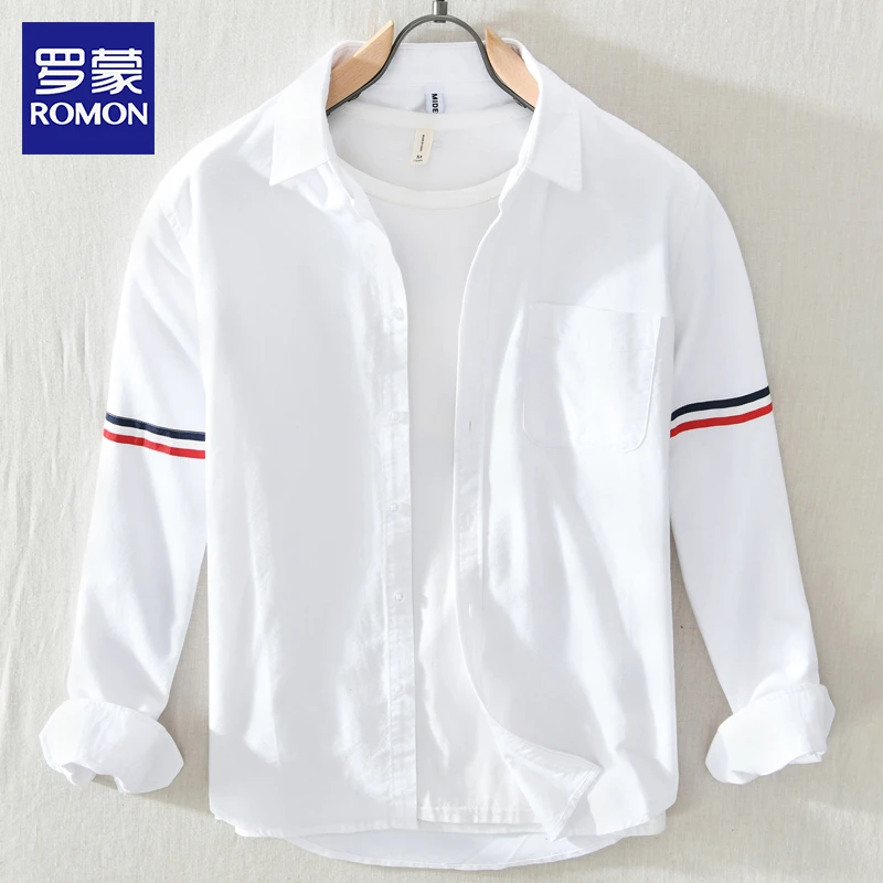 罗蒙男士纯棉白色牛津纺衬衫日系长袖潮流外穿衬衣外套上寸衣男装