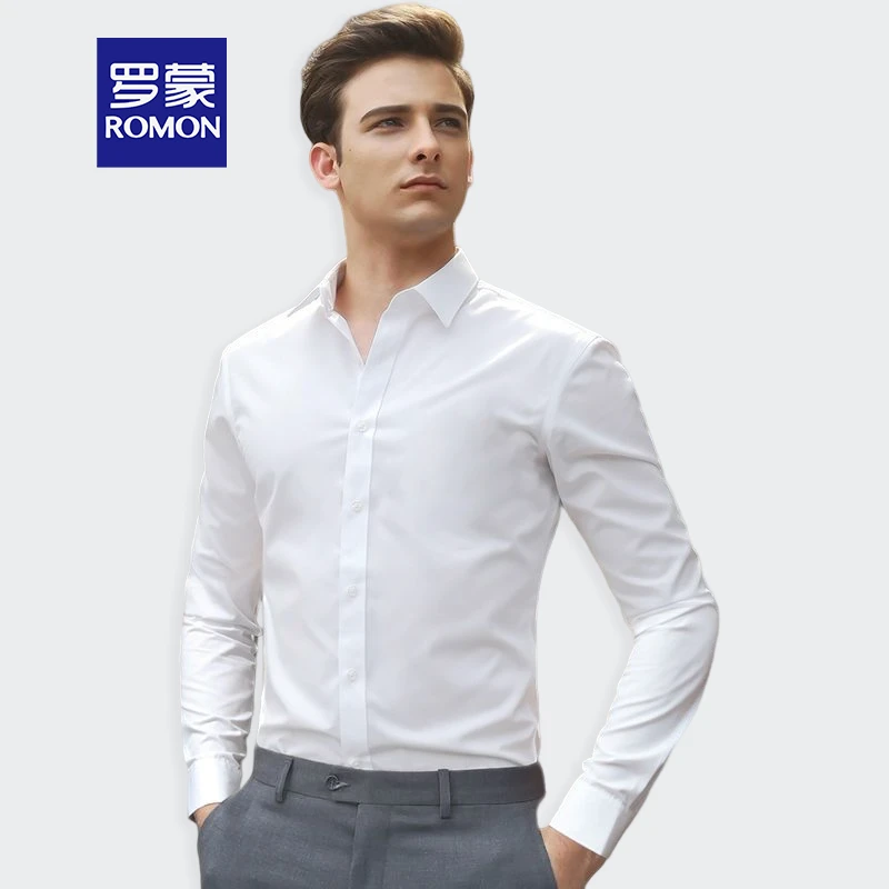罗蒙男士长短袖衬衫商务休闲白衬衫男港风免烫职业装工作服衬衣男