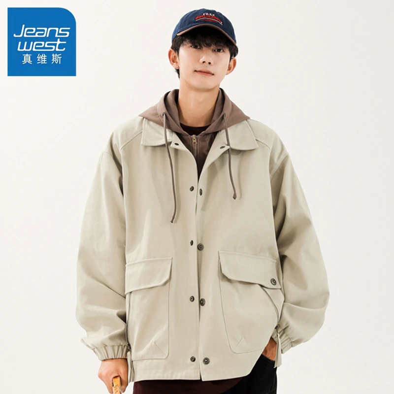 真维斯纯棉假两件工装外套春秋男女新款叠穿连帽卫衣复古翻领夹克