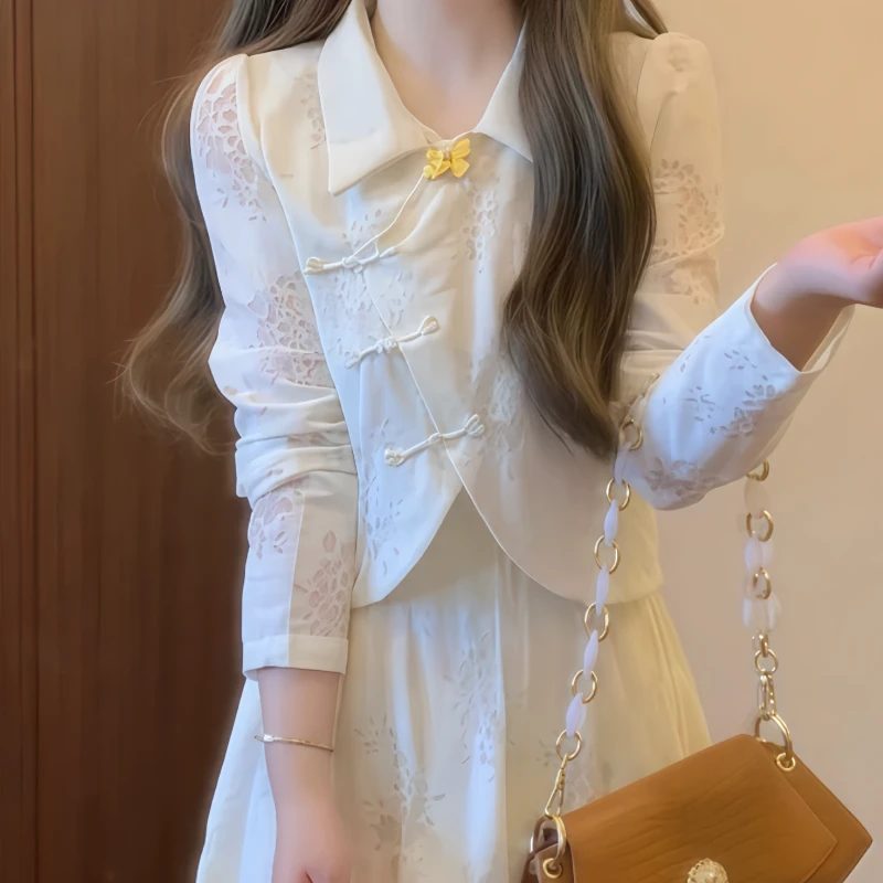 1492 新中式国风改良旗袍盘扣衬衫女搭配半身裙2024秋套装两件套Q