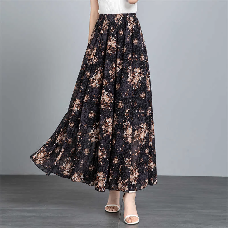 雪纺复古印花半身长裙松紧腰女夏高腰垂感妈妈跳舞裙碎花a字裙