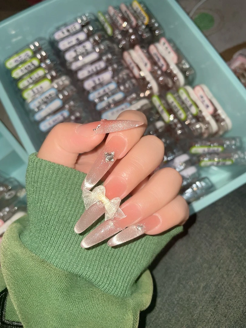 苏丫头手工美甲秋冬腮红渐变猫眼温柔清纯蝴蝶结可反复穿戴