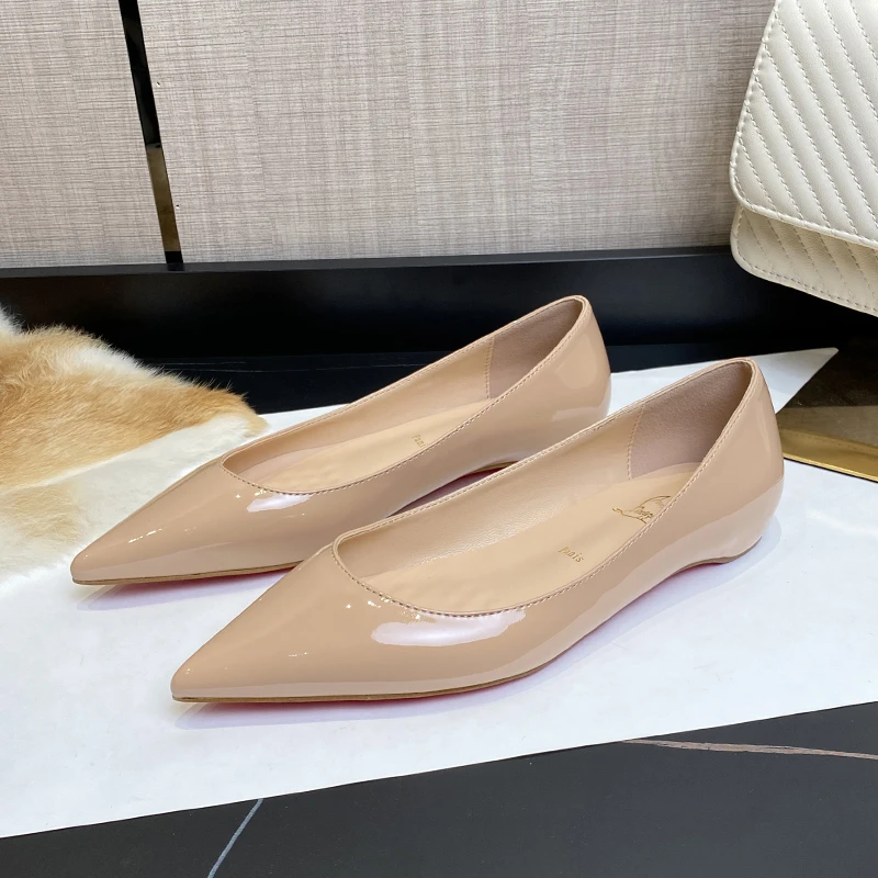 漆皮裸色平底鞋尖头浅口低跟单鞋女内增高性感软皮黑色红底工作鞋