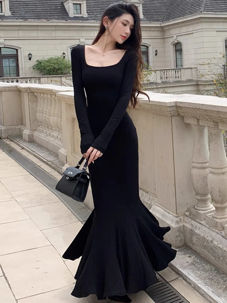 步步生莲长袖连衣裙女秋冬新款高级感修身显瘦性感包臀鱼尾裙长裙