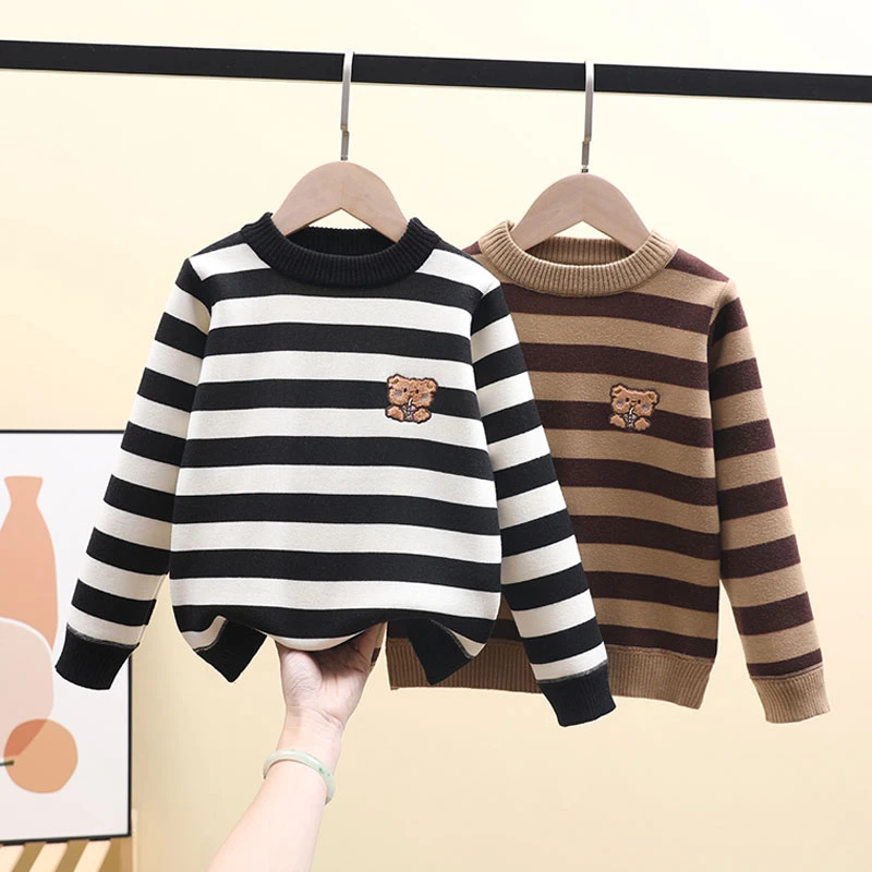 童装毛衣2025秋冬新款男童女童一体加绒打底衫中大儿童宝宝条纹潮