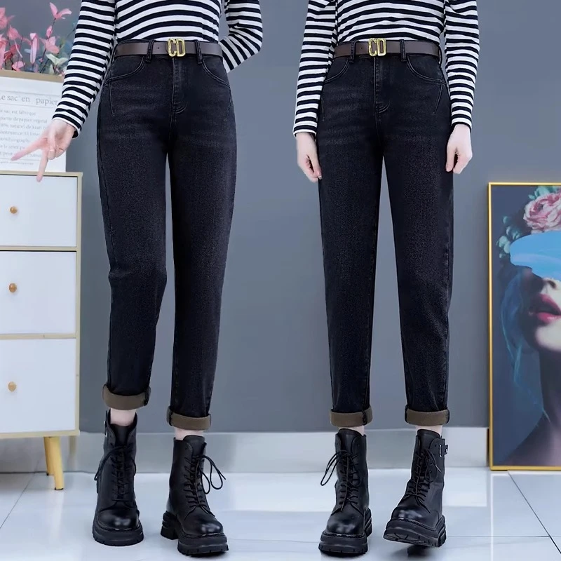 老爹牛仔裤女春秋冬2023新款高腰宽松萝卜裤小个子显瘦加绒哈伦裤