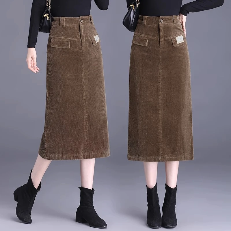复古灯芯绒半身裙女秋冬季2023新款高腰一步裙显瘦a字长款包臀裙